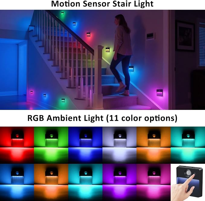 Guankai 8 Pack Motion Sensor Stair Light for Indoor, Rechargeable Battery Operated Night Lights, RGBW Stick On Closet Lamp, Motion Activated Magnetic Lighting Lamps for Step, Cabinet,Hallway,Bathroom