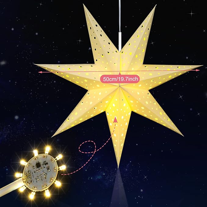 Mudder 19.7 Inch Christmas Star Paper Lantern 7 Pointed Christmas Window Lantern with 10 LED Light Strings Hanging Pendant Xmas Tree Ornaments for Holiday Decor Home(Classic,White)