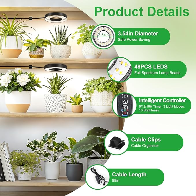 Full Spectrum Grow Light for Indoor Plants, Warm White 2 Head Black Angel Ring Ceiling and Under Cabinet Plant Lamp with 6/12/16H Timer, 10 Dimmable Levels and 3 Modes