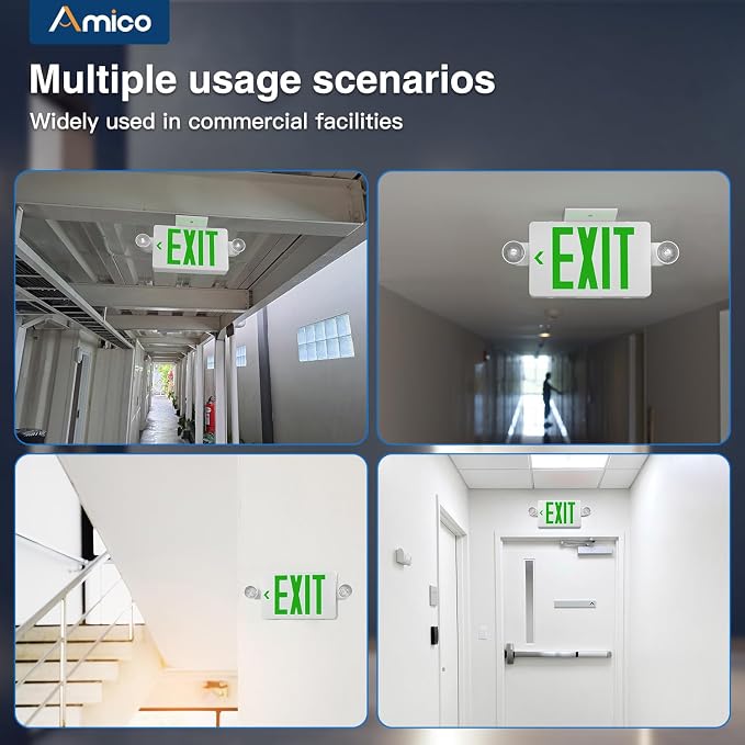 Amico 12 Pack Green Exit Sign with Multi-Angle LED Emergency Lights | ETL Listed, Wall & Ceiling Dual Mount, Hard Wired 120/277V AC, 90 Min Backup, 94V-0 Fire Resistant Plastic Housing