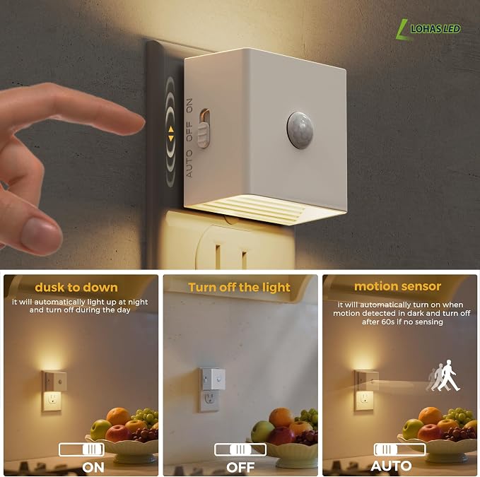L LOHAS LED Plug in Night Light with Motion Sensor and Dusk to Dawn Sensor | LED Night Light Brightness Adjustable,3000K Soft White, Nightlight for Bathroom Hallway Kitchen 4 Pack