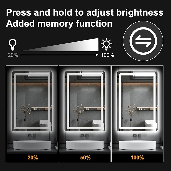 LED Bathroom Vanity Mirror with Lights, 32"x24" Lighted Wall Mirror | Front and Backlit, Anti Fog, Dimmable 3 Color Lighting, Memory Function, Shatterproof Glass, Plug in or Hardwired