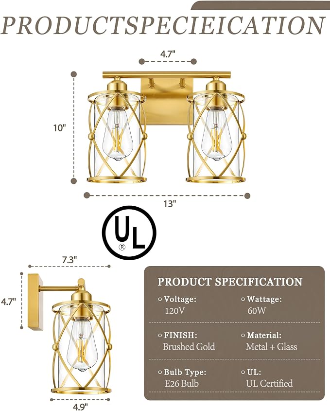 2-Light Brushed Gold Bathroom Light Fixtures, 13.8 Inch Modern Bathroom Vanity Lighting Fixtures Over Mirror with Clear Glass and Metal Cage Wall Sconce Lights for Bath, E26, CH9176BG-2W