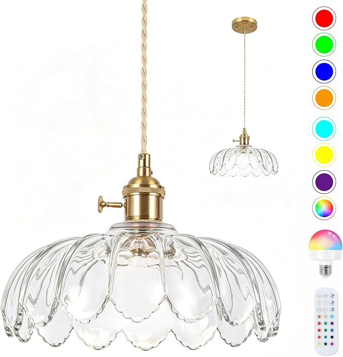 Battery Operated Pendant Light,Transparent Vintage Light Fixtures RGB Rechargeable Light Bulb 2500mAh 9.8in with Remote Control Wireless Adjustable Chandelier for Kitchen Island Hallway 1Light