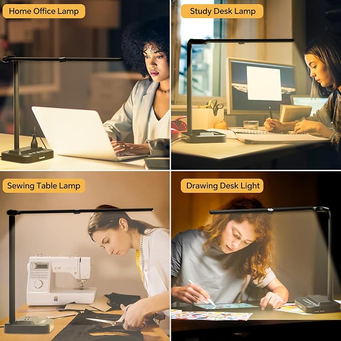 LED Desk Lamp for Home Office: Desk Light Double Head Adjustable with Power Strip 2 AC Outlets, USB-C USB-A Charging Ports Surge Protection, Foldable Table Lamp for College Dorm Room Essentials