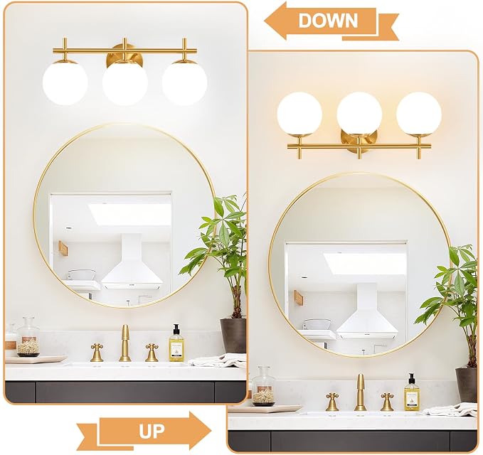 3-Light Bathroom Light Fixtures, Brushed Gold Vanity Lights for Bathroom with Milky White Glass Globe Shade, 19.3 inch Bathroom Lighting Fixtures Over Mirror, Wall Sconce for Bedroom(Bulb Not Included