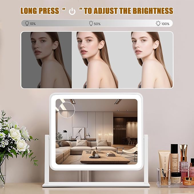Rechargeable Vanity Mirror with Lights, 3000mAH Battery, 14"×12" LED Makeup Mirror, 10X Magnification, Smart Touch with 3-Color Lighting, 360° Rotation, Lighted Up for Makeup Desk, Bedroom (White)