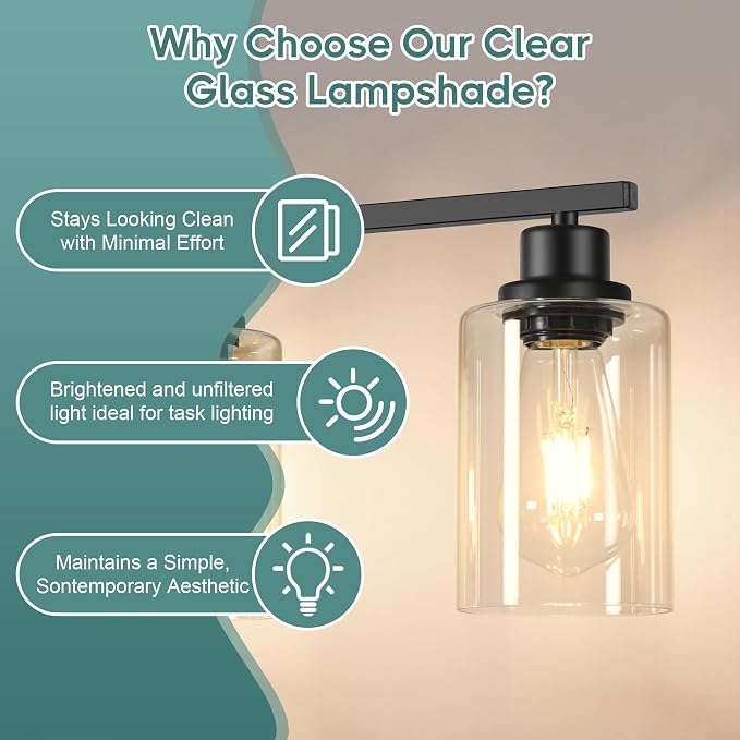 Ascher Bathroom Light Fixtures, 4-Light Vanity Light Over Mirror, Matte Black Wall Sconces with Clear Glass Shades, Wall Lamp for Living Room Bedroom, E26 Base(Bulbs Not Included)