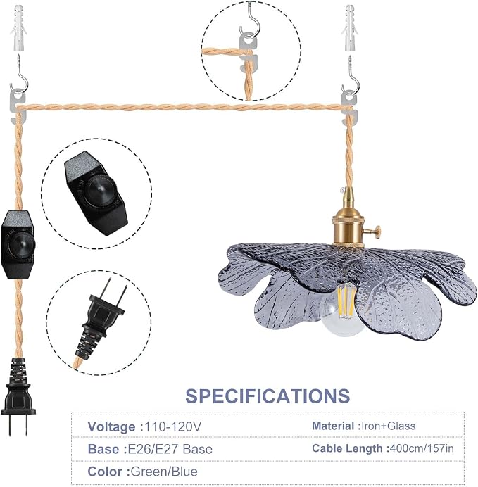 Plug in Pendant Light Fixtures,Hanging Light Fixture 12.9in Blue Glass Pendant Light,E26 Pendant Lighting for Kitchen Island, Bedroom, Dining Room, Living Room