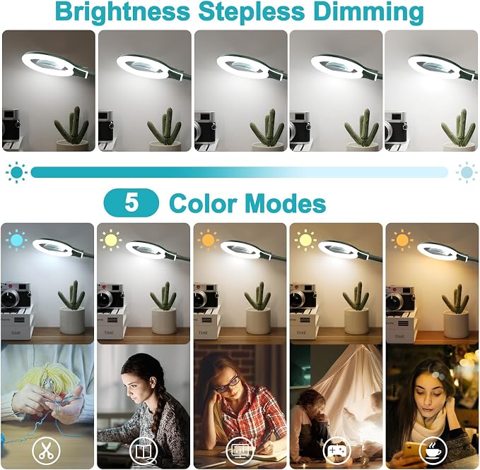 10X Magnifying Glass with Light and Clamp, 5 Color Modes Stepless Dimmable Lighted Magnifier with Stand, Flexible Gooseneck LED Desk Lamp Hands Free for Craft Painting Hobby Close Work - Green