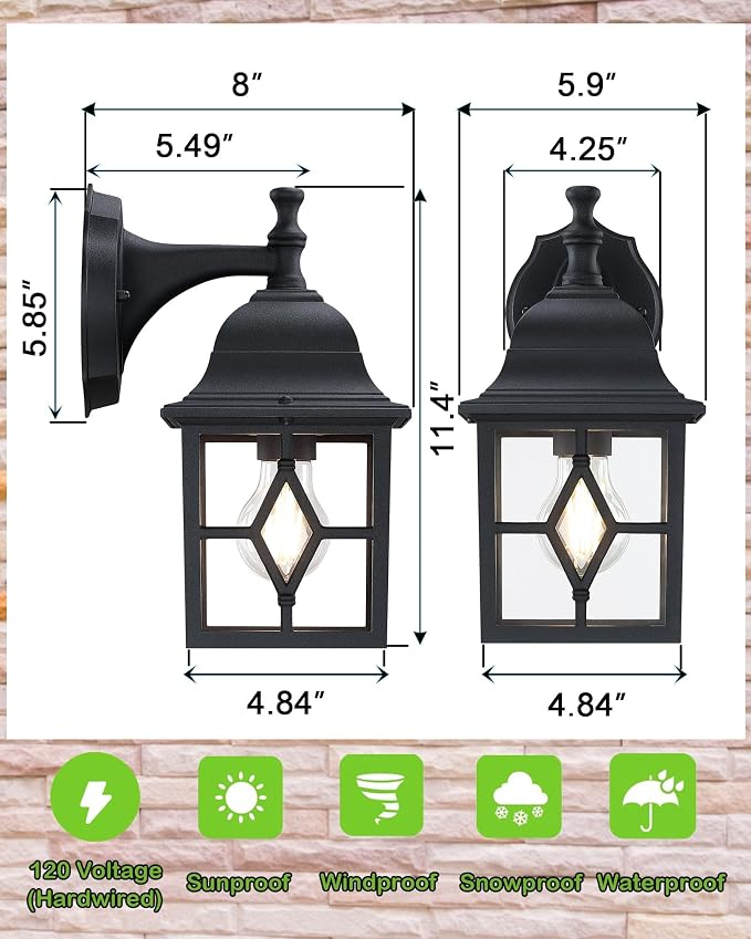 Outdoor Wall Light Fixture, Rustproof Aluminum, Glass | Large Exterior Porch Light Wall Sconce Lantern for House, Patio, Garage, Waterproof, E26 Socket 60W Max, Black