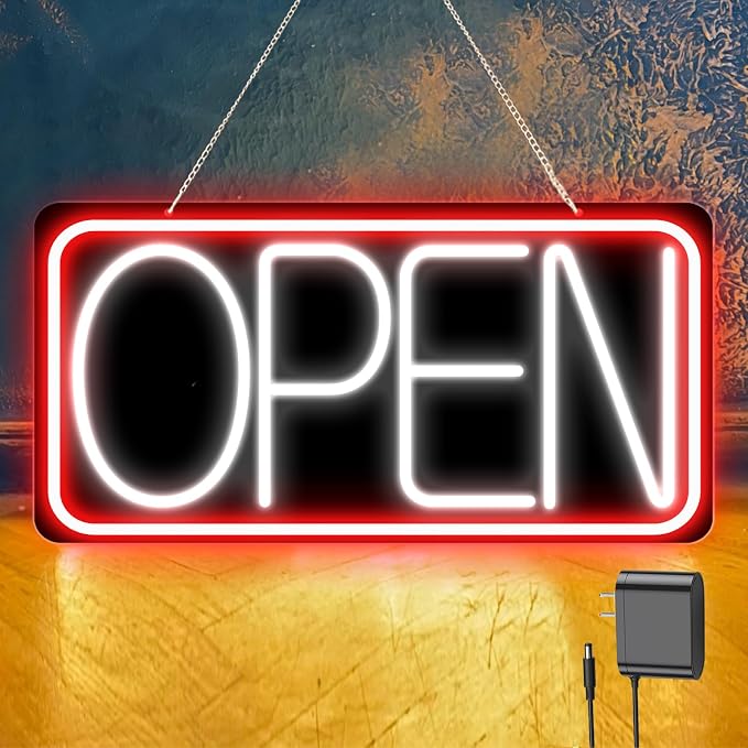 22" X 11" Led Neon Open Signs for Business, Large Open Signs, Plug In Electric Light Up with ON/OFF Switch, Ultra Bright Open Sign for Bar Salon Coffee Stores Club Hotel (Black Backplate)