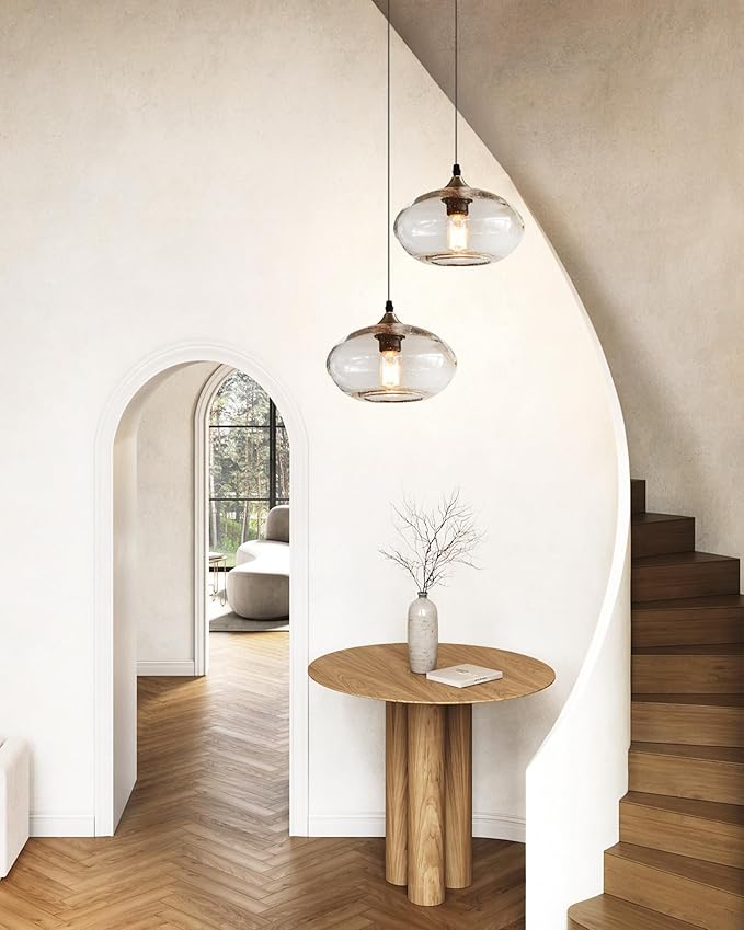ARIAMOTION Pendant Lights Kitchen Island Hand Blown Glass Hanging Light Fixtures Modern Rustic Clear Seeded Bubble Sink Coffee Table Bedroom Dining Room Oval Lamp 9.4 inch Diam