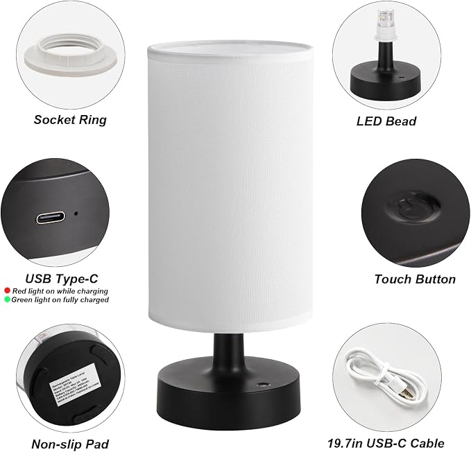 Kakanuo Cordless Table Lamp Rechargeable Small - 1 Pack White Black, 4000mAh Battery Operated Lamp with Touch Control Stepless Dimming, Wireless Lamp for Bedside, Nightstand, Bedroom, Living Room