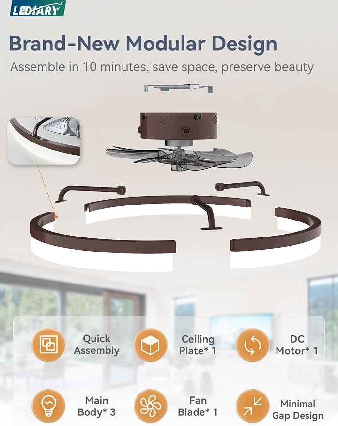 LEDIARY 23" Low Profile Ceiling Fans with Lights, APP & Remote, Brown | Flush Mount, Dimmable LED, Quiet DC Motor, Reversible, 6 Speeds, Fandelier, for Bedroom
