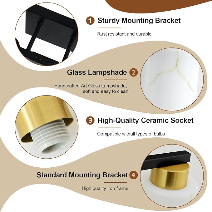 4-Light Bathroom Light Fixtures, Modern Vanity Lights, Black and Gold Metal Wall Lamp with White Marble Glass for Bathroom, Mirror, Living Room, Bedroom, Cabinet, Porch, Hallway, E26 Base