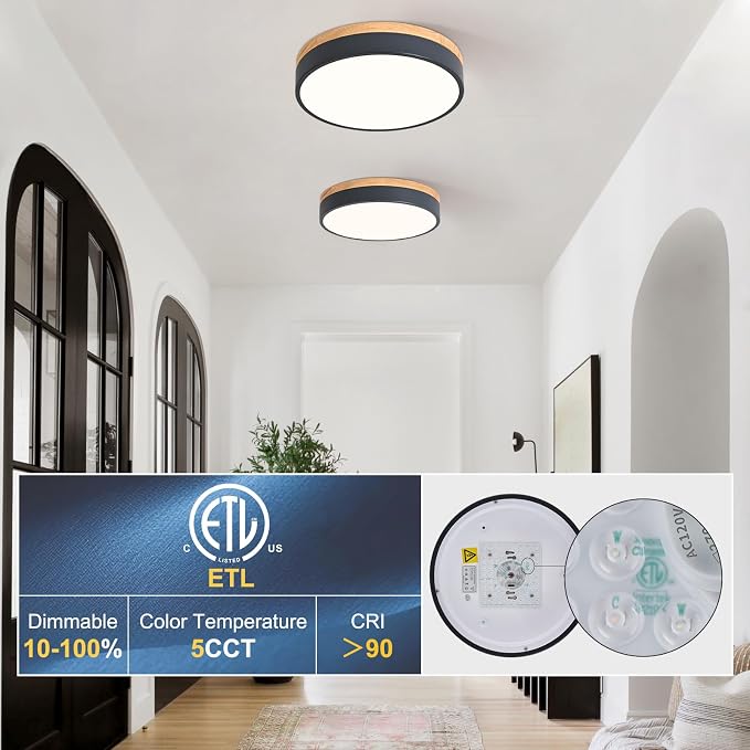 Yiisem Dimmable Wood LED Flush Mount Ceiling Light, Grey, 11.8 in | 5CCT 2700K-6000K Modern Close to Ceiling Lighting Fixtures, Round Ceiling Lamp for Bedroom, Kitchen, Hallway, Laundry Room