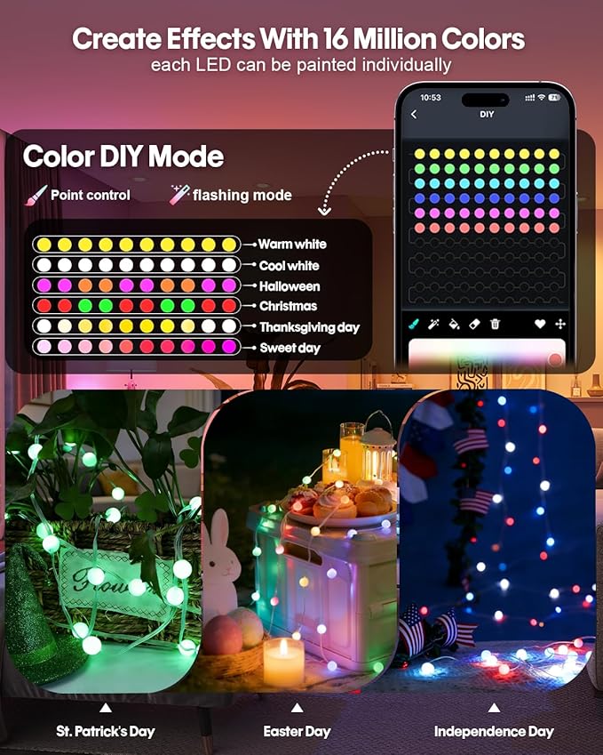 Color Changing Globe String Lights, 33ft Smart Fairy String Lights with APP Control, Mini Ball LED Twinkle Lights Hanging for Indoor Outdoor Bedroom Party Garden Camping Christmas Decoration