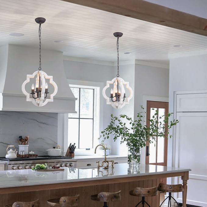 16" Farmhouse Chandelier Distressed White Wood Dining Room Light Fixture | Oak, Rustic Country Style, 4-Light Lantern Hanging Pendant Light For Foyer Entryway Kitchen Island Bedroom Stair Over Table