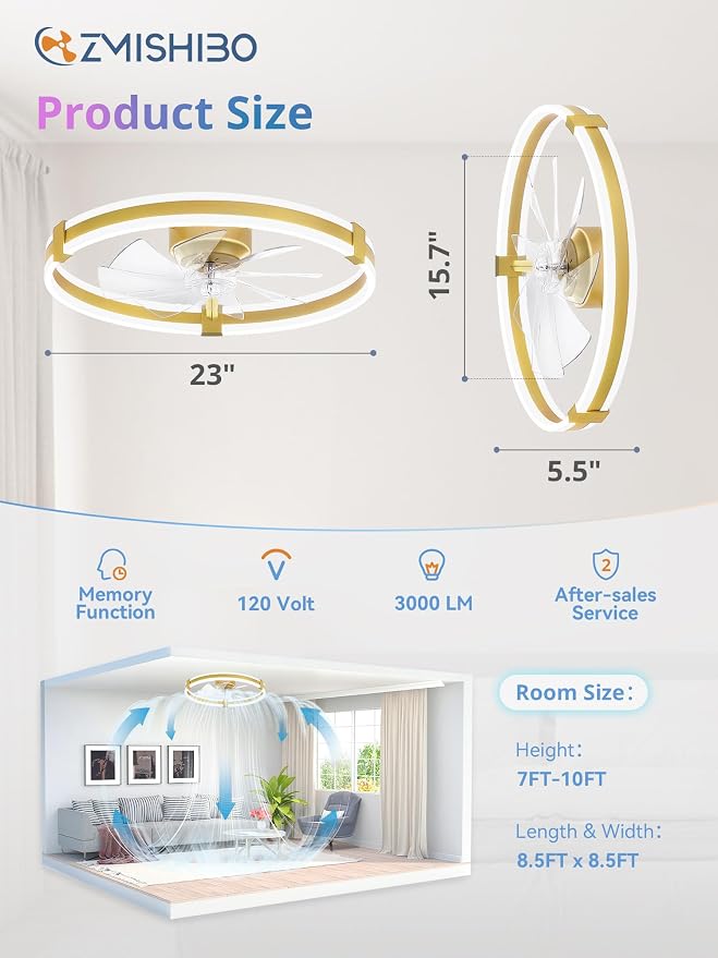 ZMISHIBO 23" RGB Low Profile Ceiling Fans with Lights and Remote, Gold | Custom RGB+3CCT Dimmable, 6 Speeds, Remote/App Control, Reversible DC Motor, Memory, Timer, Modern Fandelier for Kids/Bedroom