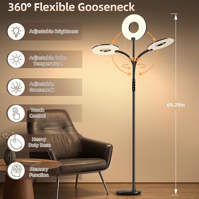 70'' Bright LED Floor Lamp Floor Lamps for Living Room, Office,Black | Dimmable & 3 Color Temperature, Touch Control Standing Tall Lamp, Gooseneck Floor Light for Sewing, Craft, Bedroom, Corner