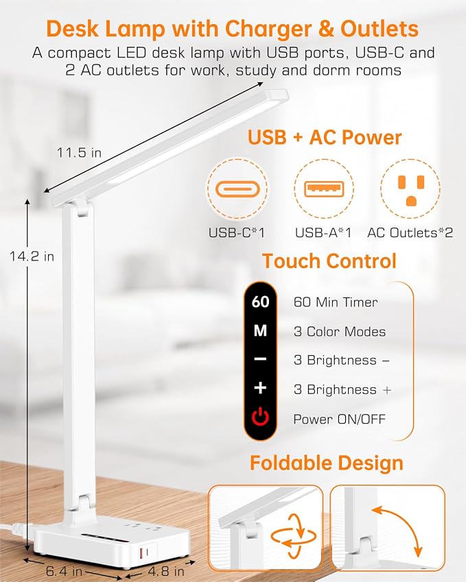 LED Desk Lamp for Dorm Office, USB-C & 2 AC Outlets Charging, White | LED Desk Lamps for Home Office with 2 USB Charging Ports(1 USB-C), 2 AC Outlets, Foldable Small Desk Lamp for Study Reading