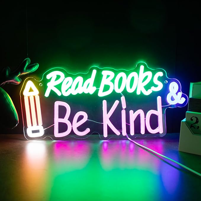 Read Books and Be Kind Neon Sign, Adjustable Pencil Neon Light Student LED Neon Light, Colorful Neon Light Up Sign for Classroom Bookstore Library Study Room 15.35 x 7.09 inch