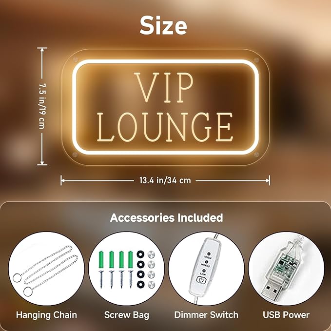 Vip Lounge Neon Sign Dimmable LED Neon Sign Light Up Sign Wall Decor for Airport Hotel Bar Club High-speed Rail Station Lounge Light For Business Store VIP Area 40cm*20cm Warm White