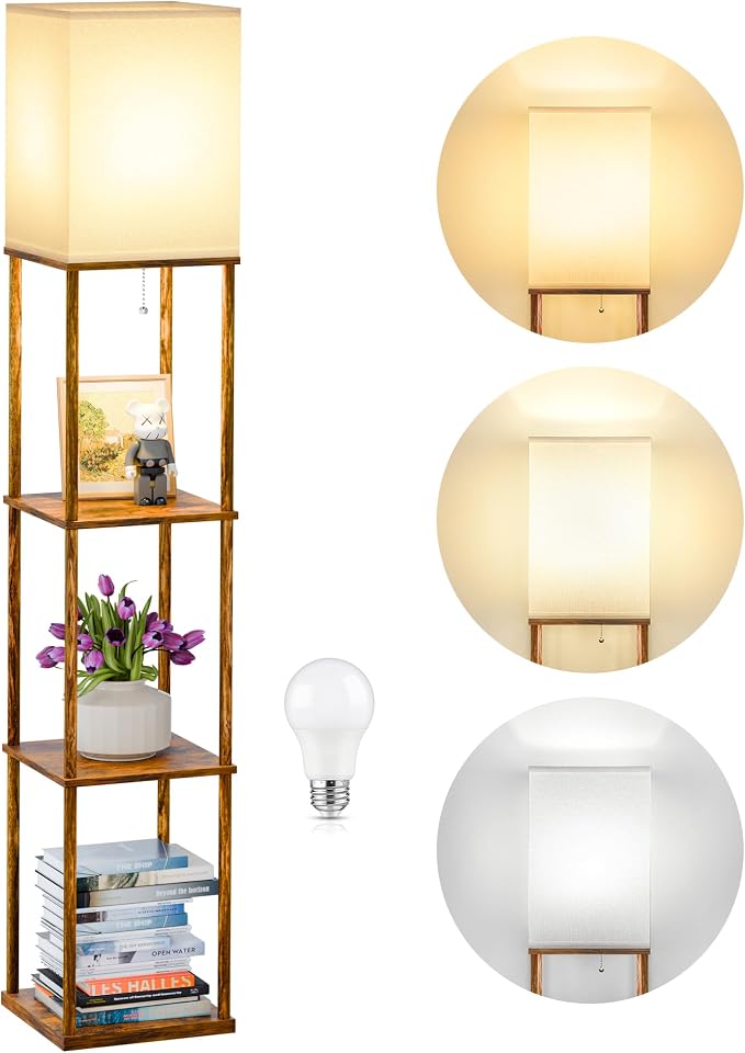 SHINE HAI Floor Lamp with Shelves, 3-Tier Square Modern Shelf Lamp | 3CCT Bright Bulb Included, Tall Standing Lamps for Living Room Bedroom Office