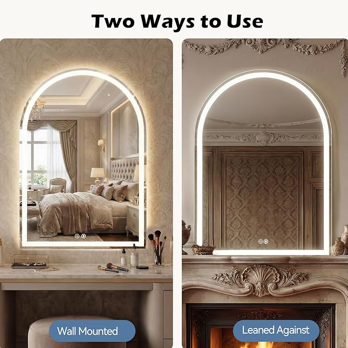 DUMOS 24"×32" LED Bathroom Mirror with Lights, Arched Vanity Mirror with Anti-Fog, Dimmable, 3-Color Light, Memory Function, Tempered Glass