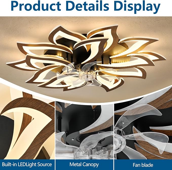 Dalouguan 35" Wood Modern Ceiling Fan with Lights Remote Control, 6 Speeds 3 Light Color Low Profile Flush Mount Ceiling Fan for Kitchen Bedroom Living Room