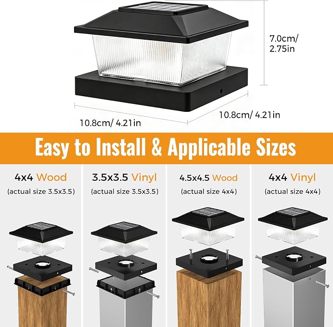 btfarm 4x4 Solar Flame Post Cap Lights Outdoor, 6 Pack Flickering Flame Fence Deck Post Lights, Waterproof Solar Powered Lighting Outside Fit 4x4 3.5x3.5 Wooden/Vinyl for Porch Patio Garden, Black Cap