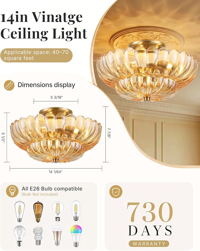Semi Flush Mount Ceiling Light Fixture 14" Vinatge Gold Ceiling Lights Mid Century Modern Glass Close to Ceiling Lighting Fixtures for Bedroom Hallway Kitchen Laundry Room Bathroom Foyer