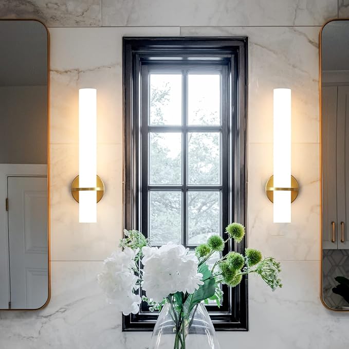 Hardwired Wall Sconces Set of Two 18 Inch Gold Bathroom Wall Sconces 18W 2700K-5000K LED Dimmable Modern Wall Lights with Acrylic Lampshade Brushed Gold Sconces for Bedroom Living Room Hallway