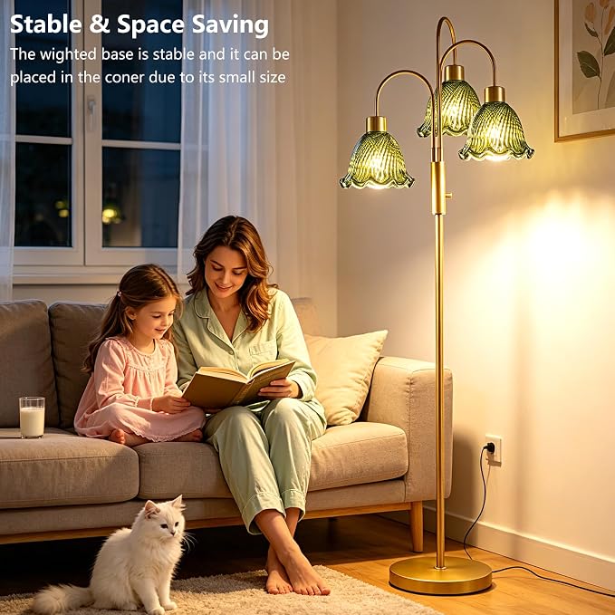 Lightdot 3-Light Glass Floor Lamp for Living Room, 70" Gold Dimmable Standing Tall Lamp with Green Ribbed Glass Shades &3PCS 3000K Warm White Bulbs, Modern Tree Pole Lamp for Bedroom Home Decor