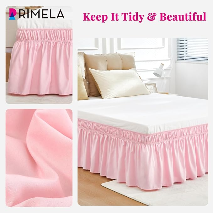 RIMELA Bed Skirt Full Size 15 Inch Drop, Elastic Bed Skirting for Adjustable Bed Base and Frame, Bedding Dust Ruffle Easy to Install, Hotel Quality Wrap Around Bedskirt (Pink)