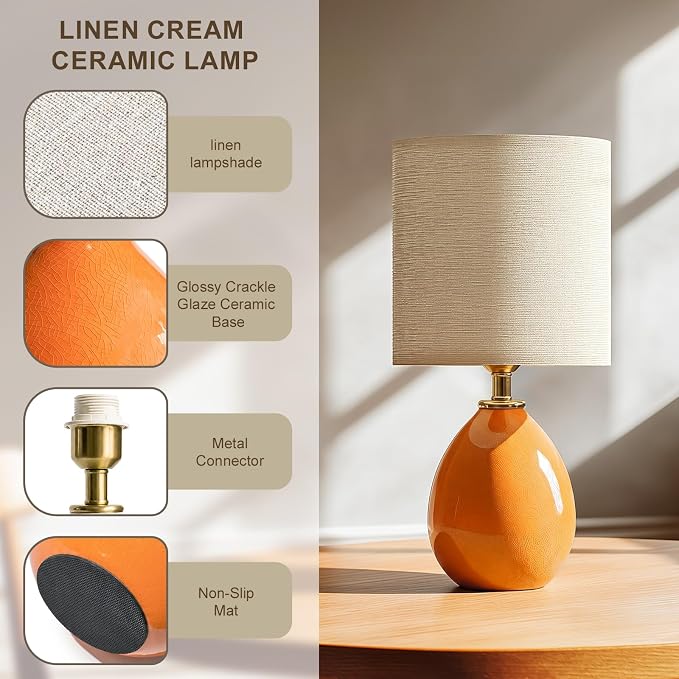 18.5" Table Lamp Set of 2 for Living Room Bedroom, Bedside Lamps for Night Stands, Desk Nightstand Lamp Dimmable, Modern Linen Cream Ceramic Lamps (Orange)