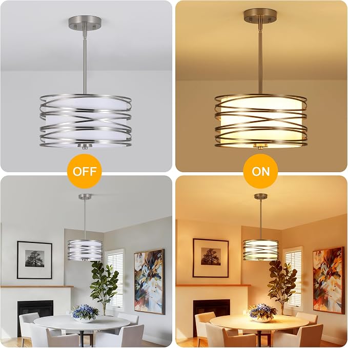 ACNKTZ 12.6'' Brushed Nickel Drum Chandelier, 3-Lights Hanging Dining Room Light Fixtures Over Table, Simple Round Pendant Lighting for Kitchen Island Hallway Bedroom Foyer Bathroom Office