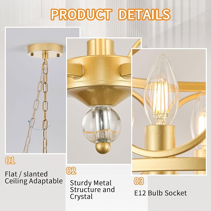 5-Light Gold Chandelier,14.2in Farmhouse Lantern Pendant Light Fixture,Adjustable Hanging Ceiling Lighting with E12 Socket,for Kitchen Island,Bedroom,Entryway,Dining Room