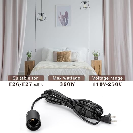 JACKYLED UL-Listed 20Ft Extension Hanging Lantern Cord Cable 2-Pack Black | 360W with E26 E27 Socket On/Off Button Pendant Lighting