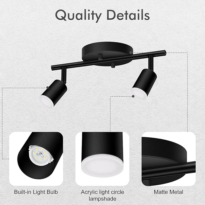 2 Light Track Lighting Fixtures Ceiling, 8W/2700K Black Track Lighting with Acrylic Lampshade & Rotatable Light Heads, 20000hrs Lifespan, Modern LED Track Lights Ceiling for Kitchen/Hallyway