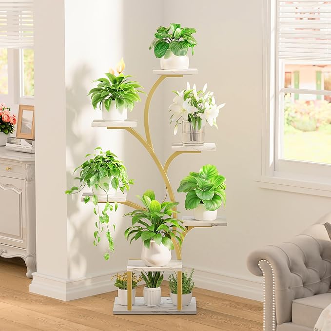 BACEKOLL Plant Stand Indoor with Grow Light, 7 Tier 49" Lighted Plant Shelf | Tree-Shaped Tall Holder with Full Spectrum Light for Indoor Growing, Sturdy Metal, for Home Corner, Space-Saving, Faux Marble