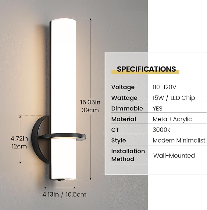 AIJIASI Wall Sconce Light - 15 inch Modern Black Bathroom Light Fixtures Wall Sconces Set of Two Dimmable LED Sconce Lighting, 15W 3000K Wall Light with Acrylic Shade for Bedroom Stairway Living Room