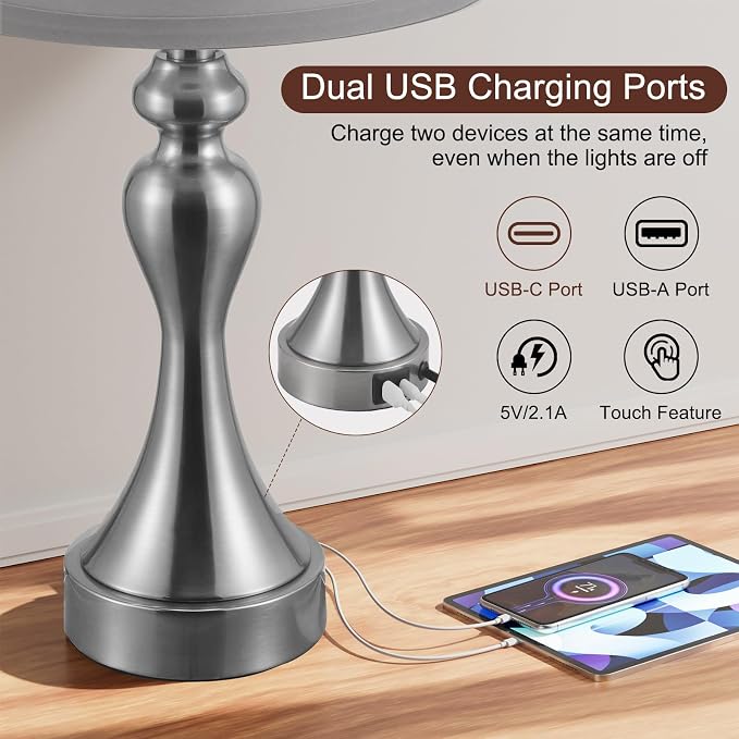 Touch Lamps for Nightstand, 3 Way Dimmable Bedside Lamps with USB C+A Ports | Touch Control, LED Bulb Included, Small Silver Table Lamp for Bedroom, Night Stands, End Table, Gift，Corded，Grey Shade