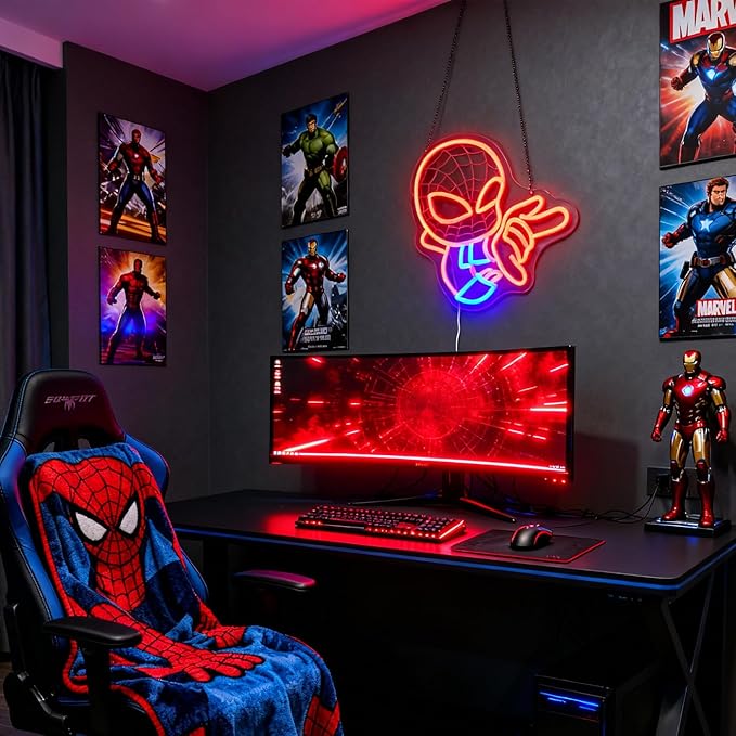 LED Spider Light Wall Art for Game Room, Dorm, Kids Room or Comic Fan Decor, Dimmable USB, Awesome Gift for Gamers Teens, Boys, Kids