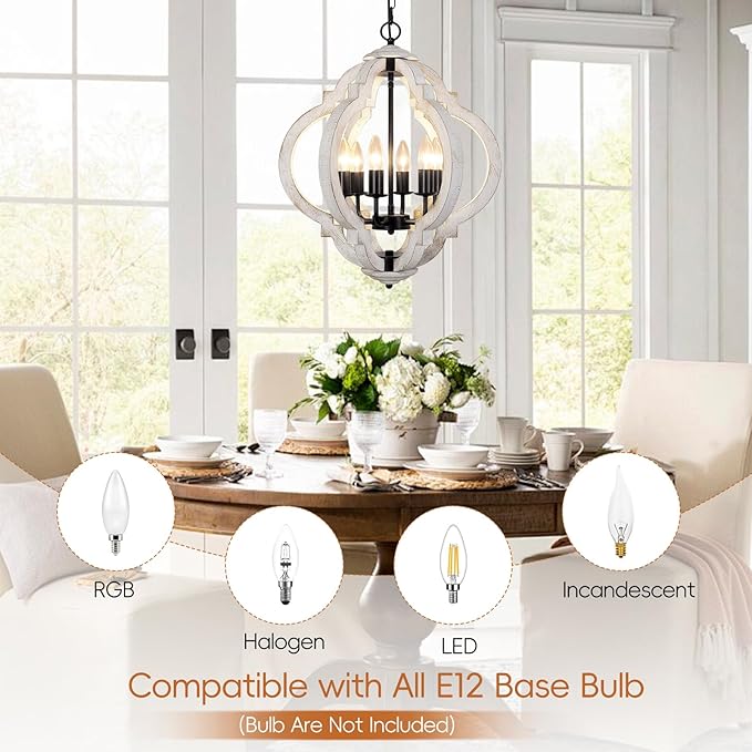 6-Light White Farmhouse Chandelier, French Country Rustic Wood Light Fixture for Dining Room, Kitchen Island, Bedroom, Entryway, Living Room