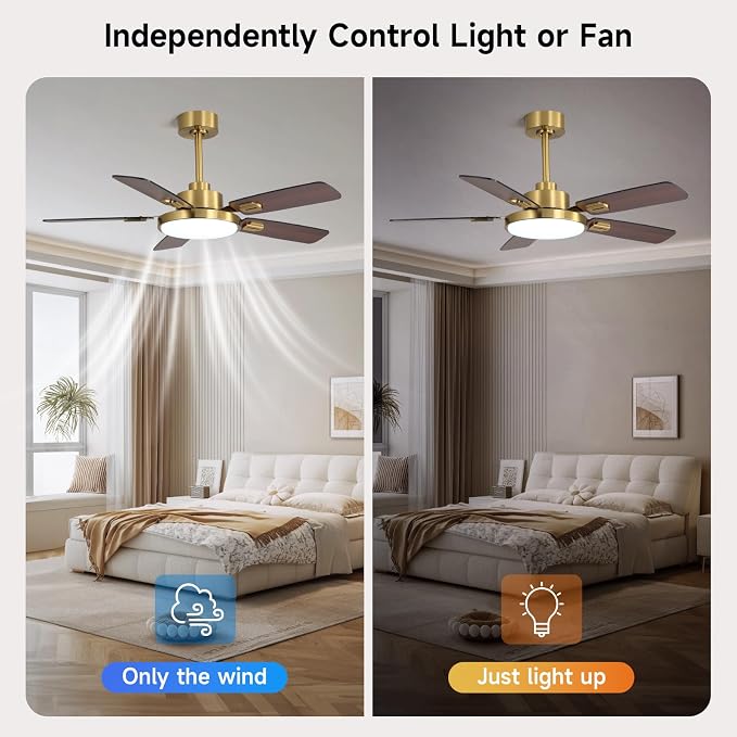 44 Inch Ceiling Fans with Lights and Remote for Bedroom Living Room Kitchen Office, Indoor/Outdoor Use, 5CCT Dimmable, Dual Color 5 Blades, 6 Speed Reversible Quiet DC Motor, Gold/Wood Grain