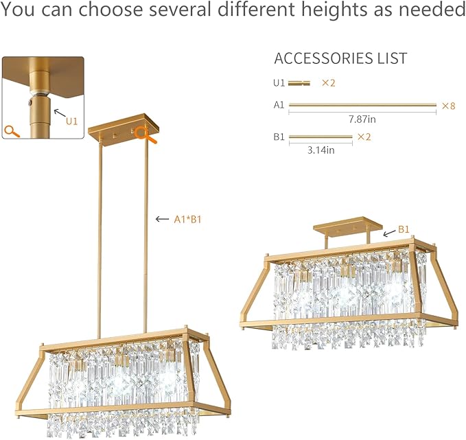 LMQNINE Chandeliers for Dining Room, 3-Light Trapezoidal Industrial Dining Room Light Fixture Farmhouse Chandelier Crystal Pendant Lights Kitchen Island Living Room (Gold 25.98 inch)