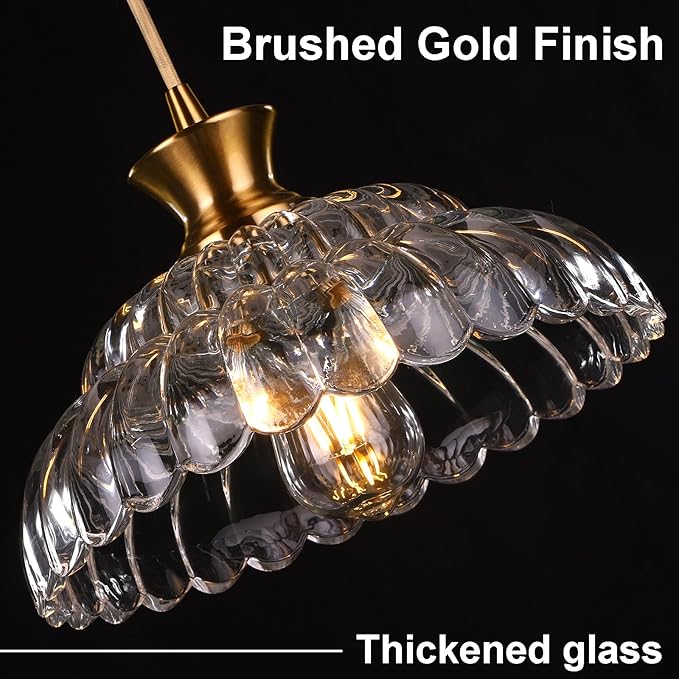 2Pack Glass Pendant Lights Kitchen Island, 11.8" Vintage Lighting Glass Light Fixtures Brushed Gold Modern Chandelier Hanging Ceiling for Dining Living Room Restaurant Bedroom Foyer