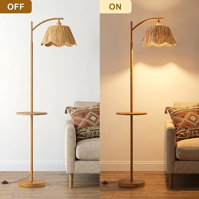 63.5" Floor Lamp with Table for Living Room, Boho Rattan Standing Lamps with Foot Switch, Farmhouse Floor Lamp for Bedroom, Arc Tall Lamp with Metal Base&Pole, Bulb not Included, Woodgrain